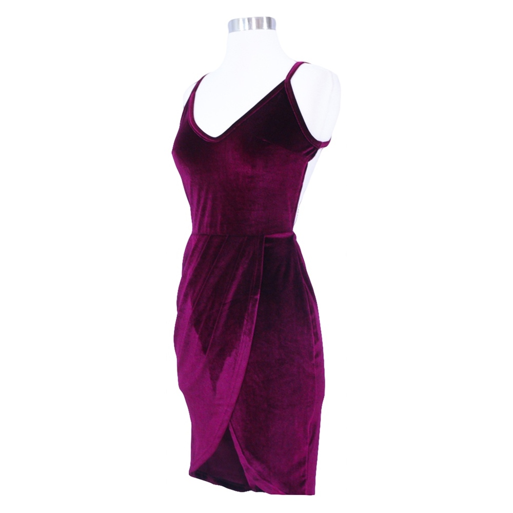 Burgundy Sexy Wrap Backless Cocktail Velvet Dress - Picture 7 of 8